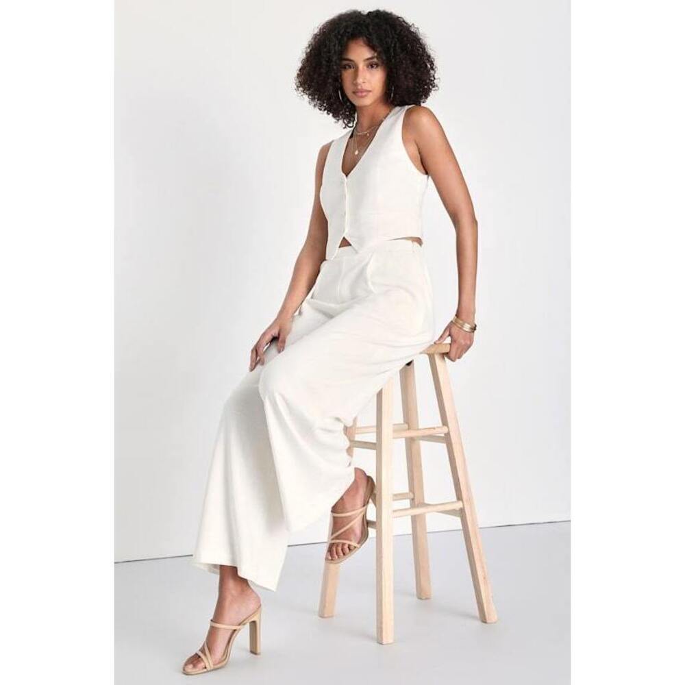 Lulus Sophisticated Beauty Ivory Linen High-waisted Trouser Pants White - Size M